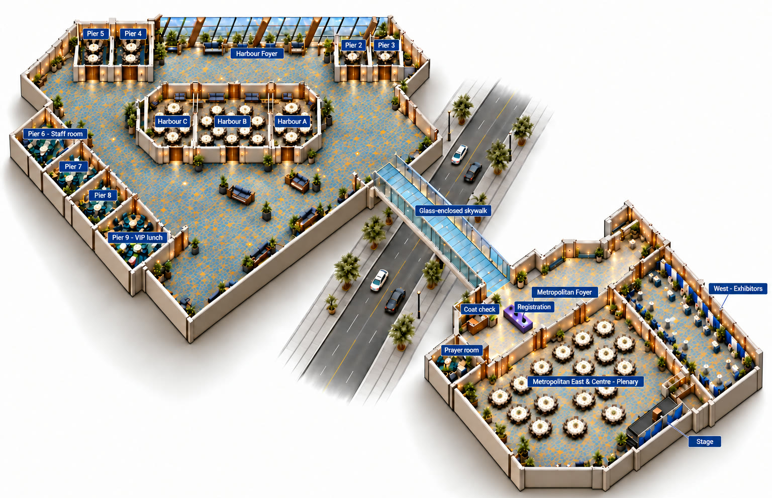 Three-dimensional plan of the conference spaces at the Westin Harbour Castle. On the left, the Harbour level with the Harbour Foyer, Harbour A, B and C and Piers 2 to 9. A glass-enclosed skywalk crosses the street to the Metropolitan building on the right, with the coat check, registration, the plenary room for Metropolitan East and Centre, the exhibitors in Metropolitan West, the prayer room and the stage.
