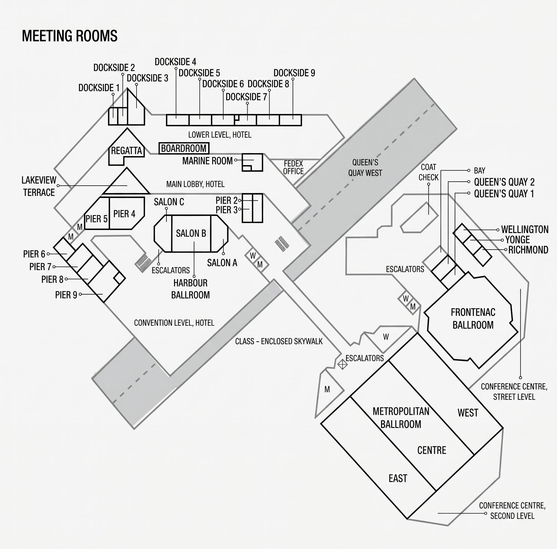 Floor map of the hotel’s meeting rooms. The Harbour level on the left shows the Dockside rooms, Regatta, the Boardroom, Marine Room, Lakeview Terrace, Piers 2 to 9, Salons A, B and C, and the Harbour Ballroom. The Metropolitan Ballroom, split into West, Centre and East, and the Frontenac Ballroom, Queen’s Quay, Wellington, Yonge and Richmond rooms are on the right, linked by the enclosed skywalk.