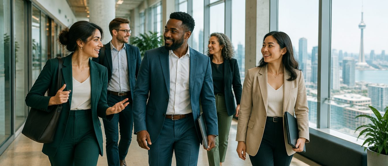 Learning and development professionals walking and talking in a bright modern office.