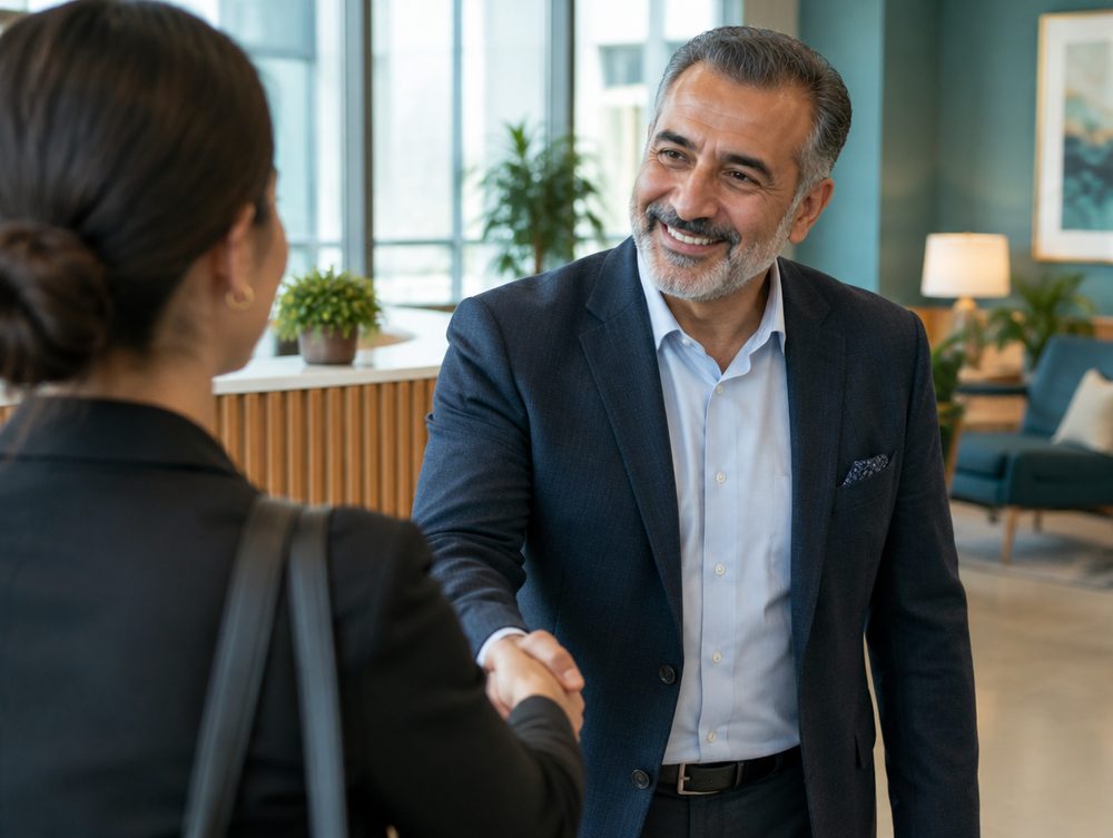 A hiring manager welcoming a candidate in a bright office reception.