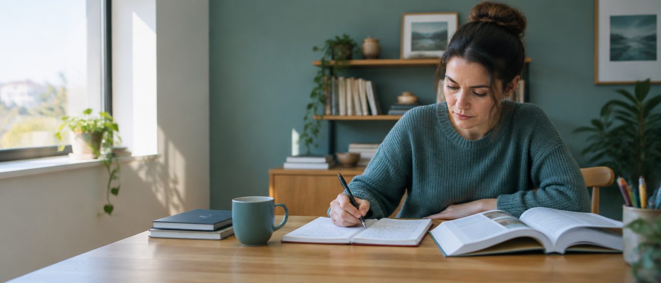 A candidate studying with notes and a textbook.