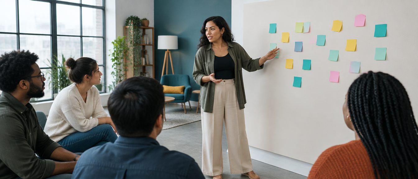 A facilitator leading a design workshop with a small group.