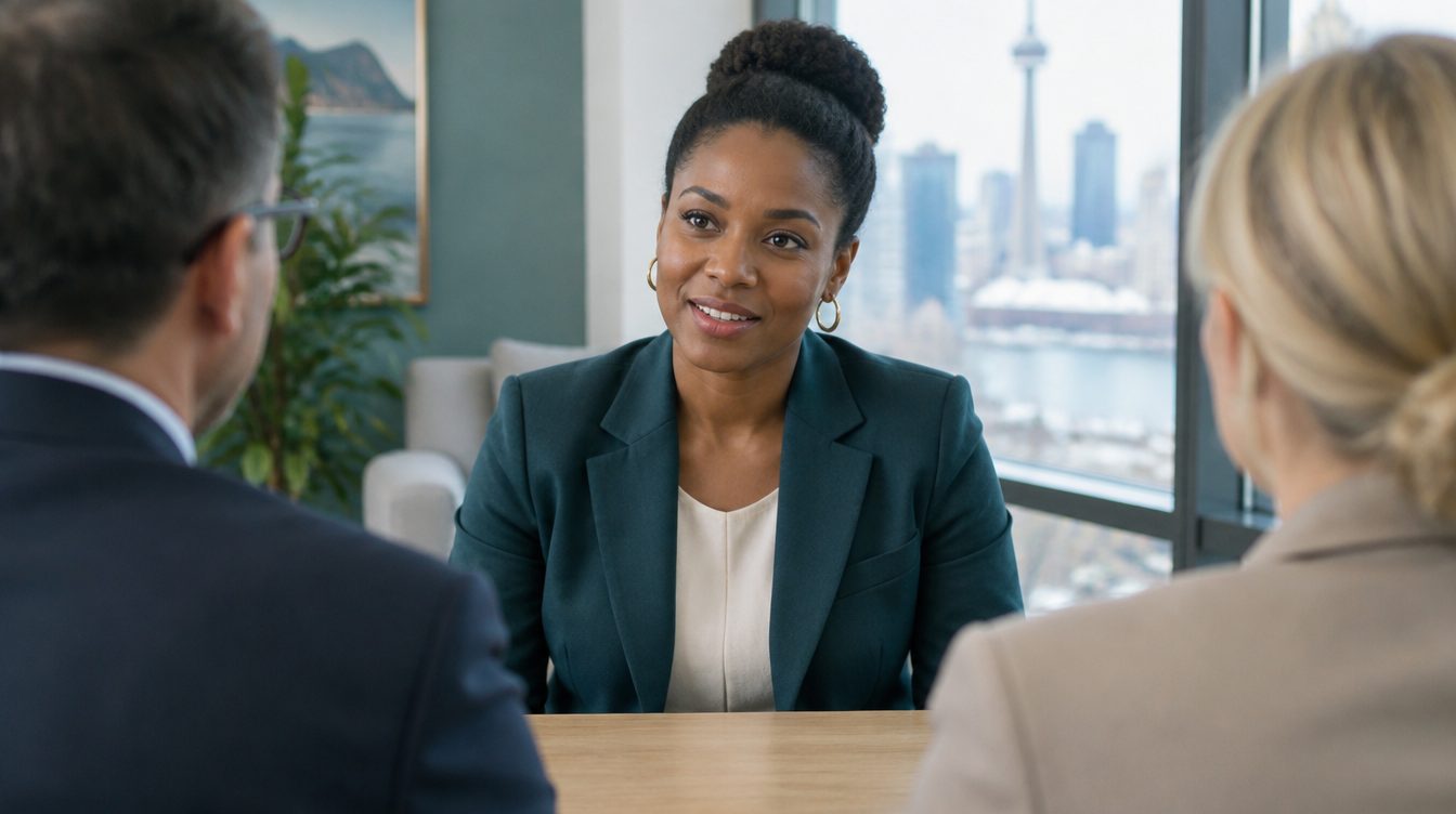 A candidate in conversation with two interviewers.