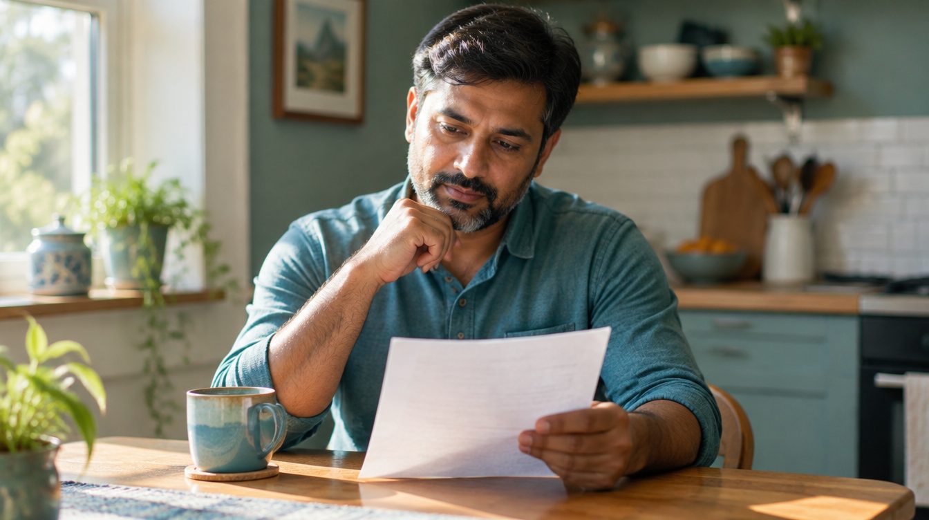 A professional reading an offer letter at a kitchen table.