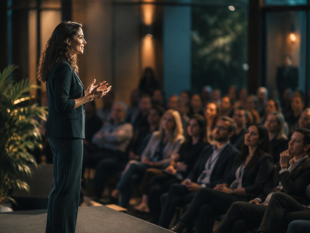 A speaker addressing an audience of professionals.