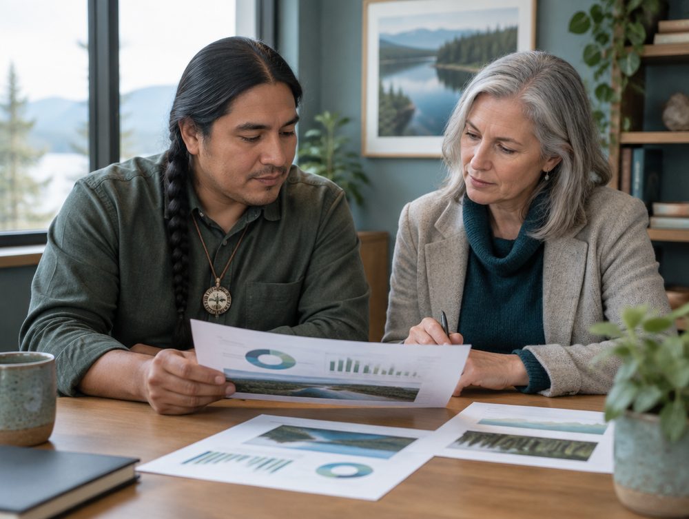 Two colleagues reviewing performance charts together.