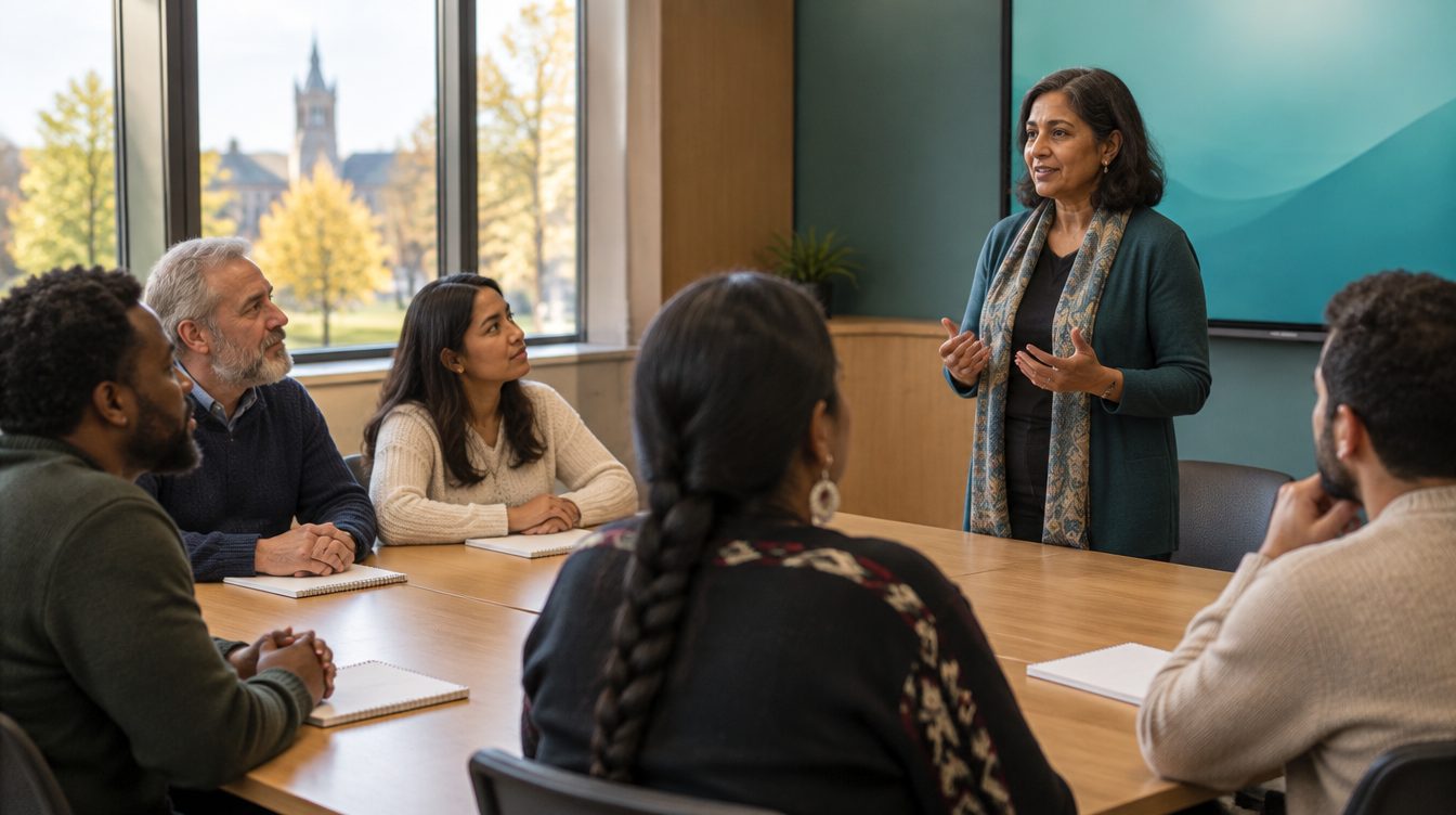 An instructor teaching a diverse class of adult learners.