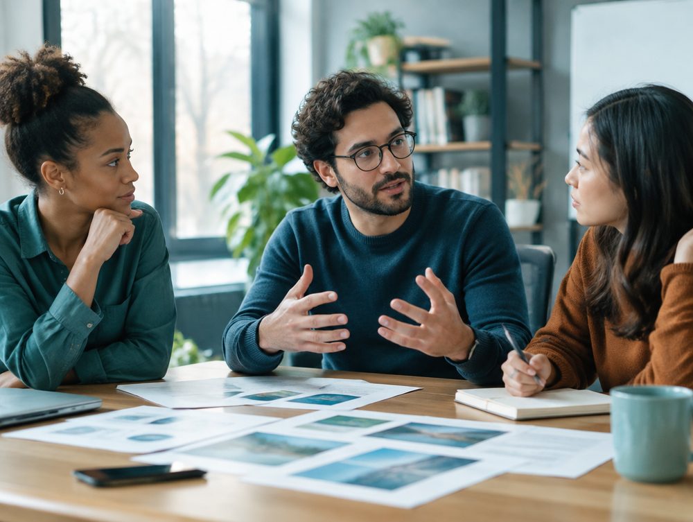Researchers reviewing printed work together.