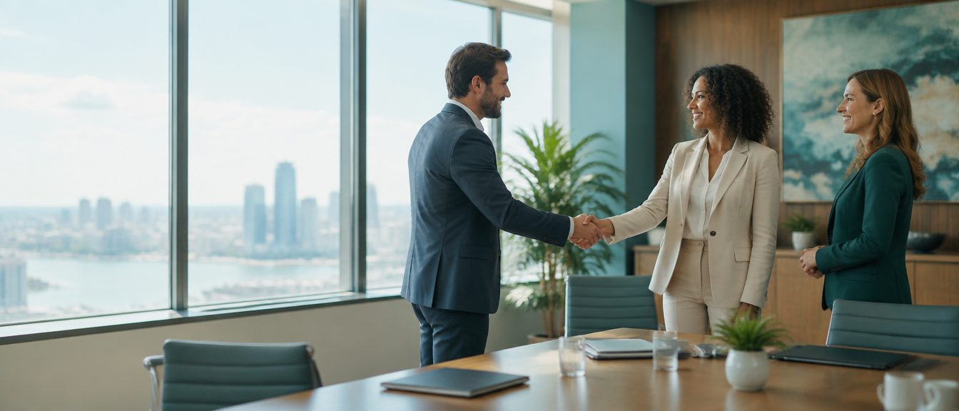 Two partners shaking hands after a meeting.