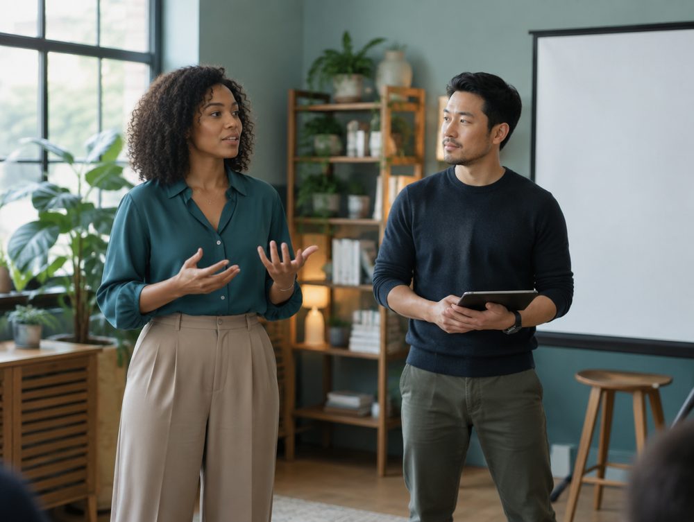 Two colleagues co-presenting a session.
