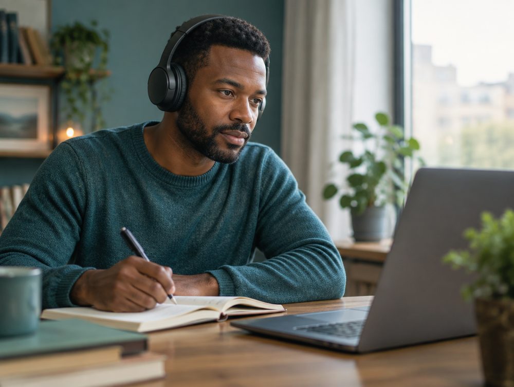 A member watching a webinar and taking notes.