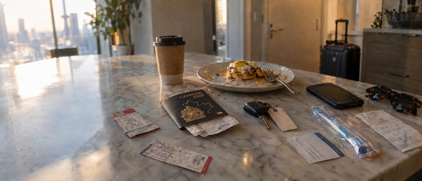 A kitchen counter in a Toronto condo with a Canadian passport and boarding pass, concert tickets, rental car keys, brunch and a new toothbrush.