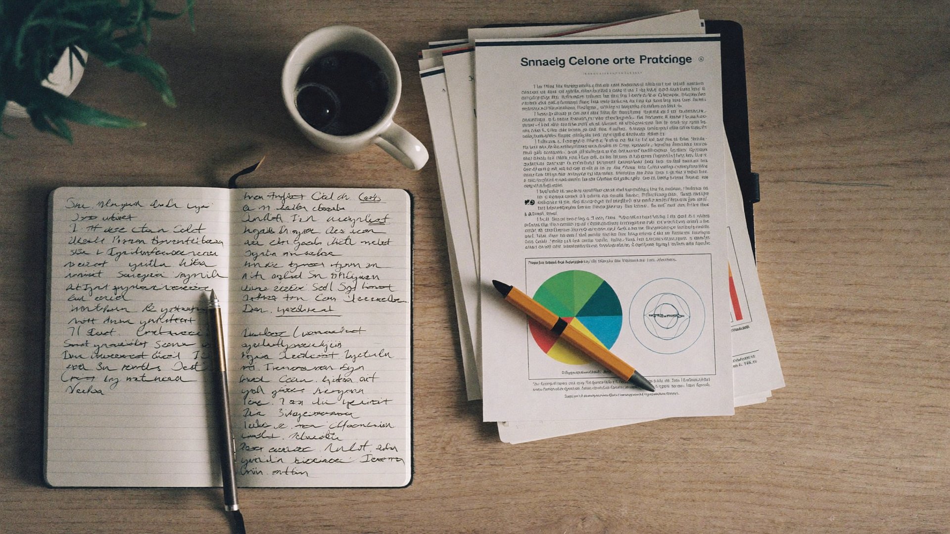 Research reports and learning materials on a work desk.